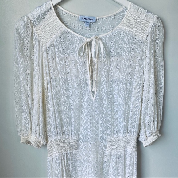 Bebe Silk Eyelet Elastic Waist Cream Coverup Dress - Picture 2 of 10